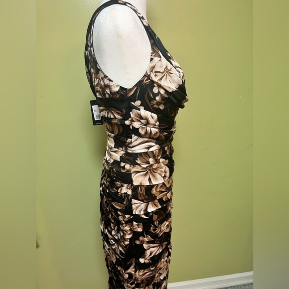 Express Elegant Ruched Floral Midi Dress – Black, Brown & Beige – size 4 - Picture 8 of 16